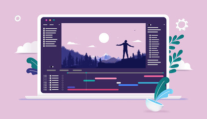 Leinwandbilder - Video editing vector illustration - Software for editing videos with timeline and user interface on laptop computer. Vector illustration