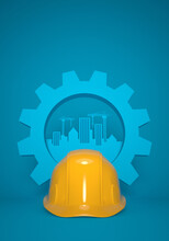 Protective Helmet And A Symbolic Gear On A Blue Urban Silhouette Background. 3D Render Template For The Builder's And Engineer's Day, Labor Day Or A Construction Company Anniversary Congratulation.