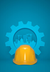 Protective helmet and a symbolic gear on a blue urban silhouette background. 3D render template for the Builder's and Engineer's Day, Labor Day or a construction company anniversary congratulation.