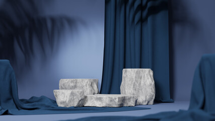 Sticker - 3D background, stone podium display set on blue backdrop with curtain and palm shadow. Product promotion Beauty cosmetic pedestal. Studio Minimal, rock showcase 3D render.