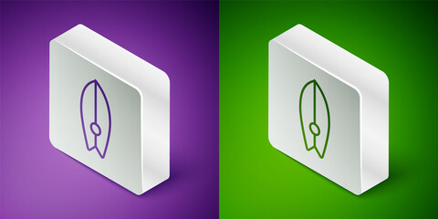 Isometric line Surfboard icon isolated on purple and green background. Surfing board. Extreme sport. Sport equipment. Silver square button. Vector