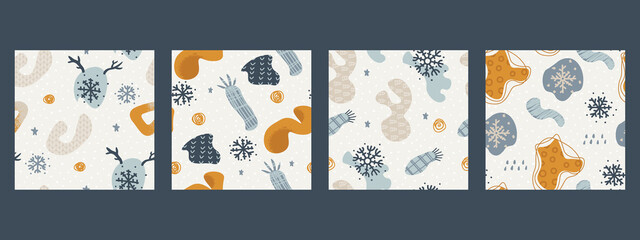 Wall Mural - Set of winter abstract backgrounds. Cute seamless pattern for design. Decorative repeating elements Christmas or New Year motive. Trendy hand drawing doodles and different shapes.