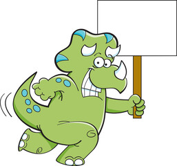  Cartoon illustration of a smiling triceratops running while holding a sign.