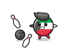 Character Cartoon Of Kuwait Flag Badge Is Playing Bowling