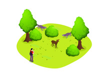 Male Tourist Looking At Komodo Dragon Hunting A Deer In The Jungle. Ecotourism Isometric Vector Concepts