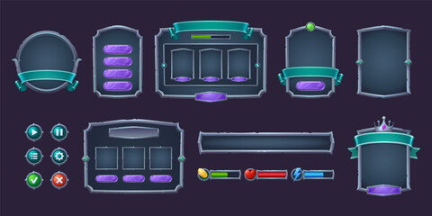 Wall Mural - game buttons and frames with metal border. design elements and assets for user interface. vector car