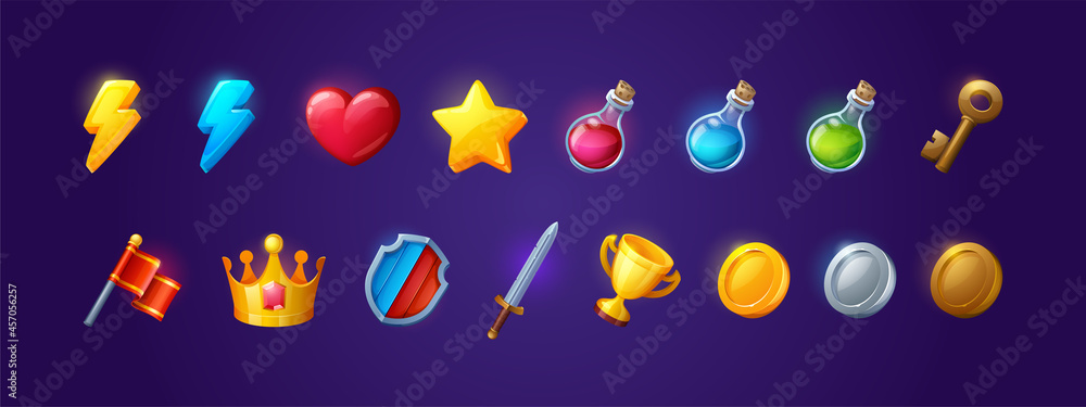 Game icons with heart, lightning, key, crown, gold cup and star. Vector ...