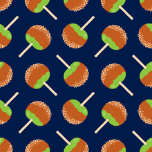Caramel Apple, Candy Apple On Stick With Nuts Vector Seamless Pattern Background.
