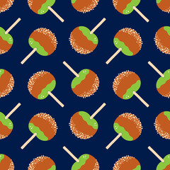 Wall Mural - Caramel apple, candy apple on stick with nuts vector seamless pattern background.
