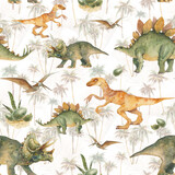Fototapeta Dziecięca - Dinosaur seamless pattern. Watercolor cartoon dino wallpaper. Surface design with palm trees and prehistorical reptile: stegosaurus, pterodactil, triceratops