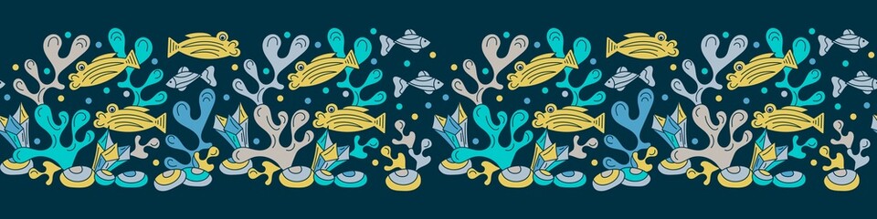 Seamless border Doodle Underwater background. Hand drawn Vector fishes and seaweed