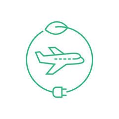 Electric plane line icon. Aircraft powered by electricity. Green aviation concept. Airplane in green circle with a leaf and a plug. Environment friendly transportation. Vector illustration, clip art.