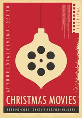 Christmas movies cinema night retro poster design with Christmas decoration and film reel on red background. Movie poster vector template on old paper texture. Holiday entertainment event festival.