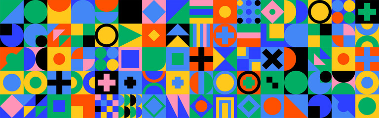 Sticker - Abstract geometric horizontal background with colorful bauhaus shapes and forms. Contemporary retro art cubism style