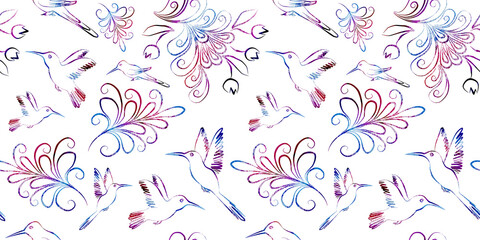 multicolor Seamless pattern digital paper textile packaging Backgrounds. watercolor gradient bird and leafs line art elements on white Background. Doodle and scribble colorful silhouette hummingbird