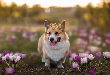 Wall Mural - happy corgi dog in a golden crown walks through a spring meadow blooming with purple snowdrops and crocuses