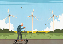 Senior Man Riding Electric Push Scooter Along Wind Turbines In Field
