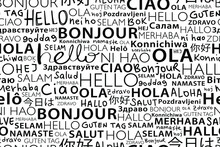 Hello In Different Languages Seamless Pattern Repeating Texture. Background Design For School, Hotels, Fashion Graphics, Fabrics, Wallpapers, Wall Arts Etc