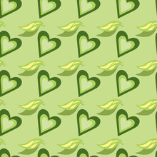 Seamless Pattern Green Hearts And Leaves Vector
