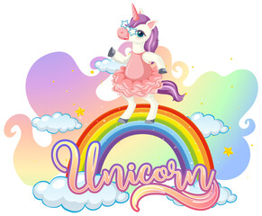 Wall Mural - Cartoon character of unicorn standing on rainbow with unicorn font