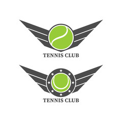 Wall Mural - Set of color illustrations of ball, wings, text on a white background. Design element for emblem, badge, sticker, sticker and label. Vector illustration. Sports symbols. Tennis club.