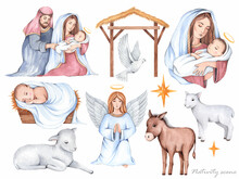 Watercolor Nativity Scene Set. Joseph And Mary, Newborn Jesus, Angel, Dove, Sheep. Christmas Eve. 
