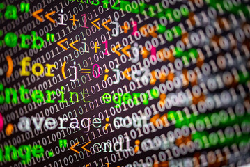 abstract background of digital binary code of defi software. crypto programming software code on com
