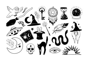 Halloween icons set. Hand drawn elements for witch and witchcraft, magic stickers, magic ball, cat, witch broom. Vector illustration isolated on white background.