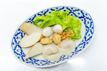 Noodles Soup with multi fish balls with white background. Asian food Noodle