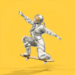 Wall Mural - astronaut balancing on a skateboard, yellow background. 3d illustration