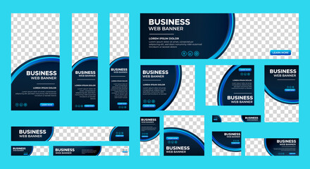 Wall Mural - black and blue banner design web template set, horizontal header web banner. modern gradient blue co