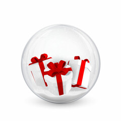 Wall Mural - Festive Christmas background. Gift boxes and confetti inside shiny glitter glowing Christmas balls. Vector illustration