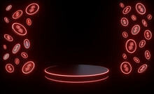 Pedestal And Dollar Coins With Modern Futuristic Red Neon Lights. Empty Space For Logo Or Text - 3D Illustration	

