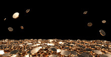 Golden Coins Isolated On The Black Background. Empty Space For Logo Or Text - 3D Illustration 