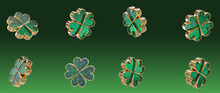Glass Green And Golden Four Leaf Shamrock Clovers, Symbol Of Luck, Isolated On The Green Background - 3D Illustration