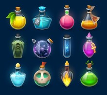 Halloween Witchcraft, Potion And Poison Cartoon Bottles, Phials And Flasks, Vector. Magic Potion And Witch Elixir In Crystal Glass Jars With Love Potion, Energy Power Spell, Magic Fire And Death Skull