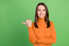 Photo Portrait Woman Smiling Showing Blank Space Thumb Recommend Isolated Pastel Green Color Background