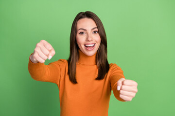 Wall Mural - Photo portrait woman smiling happy imagine driving car isolated pastel green color background