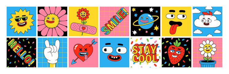 Wall Mural - Funny cartoon characters. Sticker pack, square posters, prints in trendy retro cartoon style.