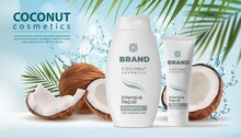 Coconut Cosmetics, Shampoo And Cream Packaging In Water Splash. Vector Coconut Palm Tree Fruit, Nut Shell And Green Leaves. Realistic 3d Bottle And Tube Of Natural Products For Hair Care, Ad Poster