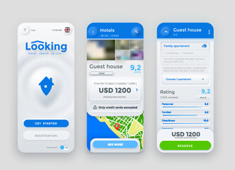 Hotel search, reservation, payment and booking service online app, vector neumorphic interface screen. Mobile phone application UI for travel, hotel search or apartment and rooms booking on smartphone