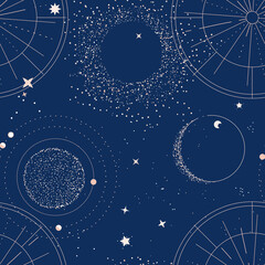 alchemy celestial background, blue sky with moon, stars, planets space decor, universe pattern