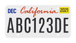 California license vector plate sign. American metal road California license plate symbol template