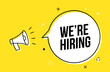Vector hire job banner hand holding megaphone design. Hiring background business announce template