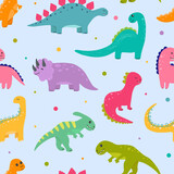 Fototapeta  - Vector seamless childish pattern with colorful dinosaurs. Baby background for nursery, wrapping paper, fabric, textile. Funny little dinosaur.