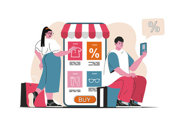 Poster - Online shopping concept isolated. Purchases in mobile app at discounted prices. People scene in flat cartoon design. Vector illustration for blogging, website, mobile app, promotional materials.