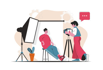 Wall Mural - Photo studio concept isolated. Photographer makes photo session for posing man model. People scene in flat cartoon design. Vector illustration for blogging, website, mobile app, promotional materials.