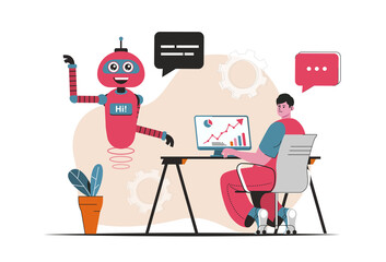 Fototapete - Virtual assistant concept isolated. Customer support by bots robots at online chats. People scene in flat cartoon design. Vector illustration for blogging, website, mobile app, promotional materials.
