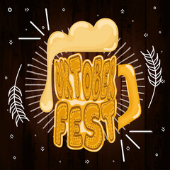 Wall Mural - Beer with text on a wooden background with chalk oktoberfest ornaments