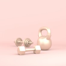 Golden Dumbbells And Kettlebell On Pastel Pink Background. Female Workout Concept. 3D Rendered Illustration.